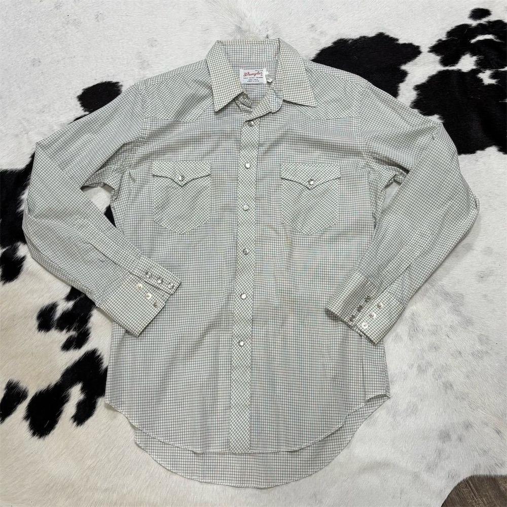 Vtg 1970's Wrangler Men's white Plaid Western Pearl Snap Shirt LS 16.5-34